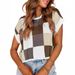 Kurzer Strickpullover mit kurzen Ärmeln für Damen mit Farbblock- und Schachbrettmuster – Rundhalsausschnitt, übergroße Passform, atmungsaktives Gewebe_voghion.com