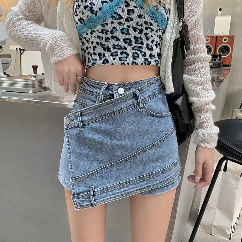 Damenbekleidung Unregelmäßige Nähte Hosenrock Hohe Taille Schlanke Anti-Expositions-Jeans Petite Damen Sommer Vielseitige Shorts_voghion.com