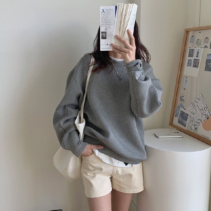2024 Koreanesch Ins einfach einfarweg Space Kotteng Casual locker faul Stil Ronn Hals Hoodie dräi Faarwen_voghion.com