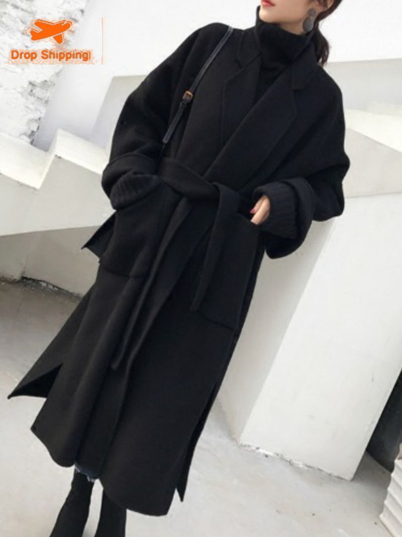 Nov plašč iz tvida z ohlapnimi zavezami preko midi stila Zimski plašč za ženske Jakne Trenč plašči Korejski modni ženski_voghion.com