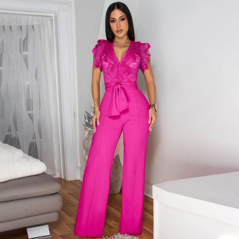 Pantaloni a gamba larga con lacci, sexy, senza maniche, tinta unita, scollo a V, abbigliamento da donna_voghion.com