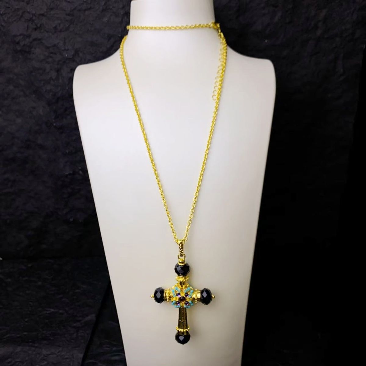 Vintage doppelseitige Pulloverkette mit Kristallkreuzanhänger für Damen, Nischen-High-End-Accessoire_voghion.com