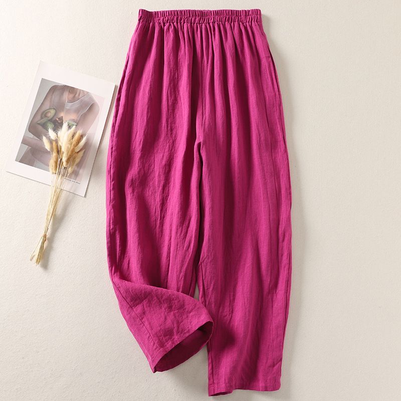 Pantalon décontracté à neuf points en coton et lin pour femmes musulmanes, taille élastique, ample, littéraire, jambes larges_voghion.com