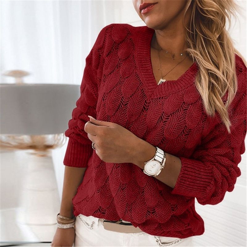 Elegante maglione lavorato a maglia con piume, scollo a V, manica lunga, casual da donna - Morbido misto cotone, vestibilità ampia, traspirante ed elegante_voghion.com
