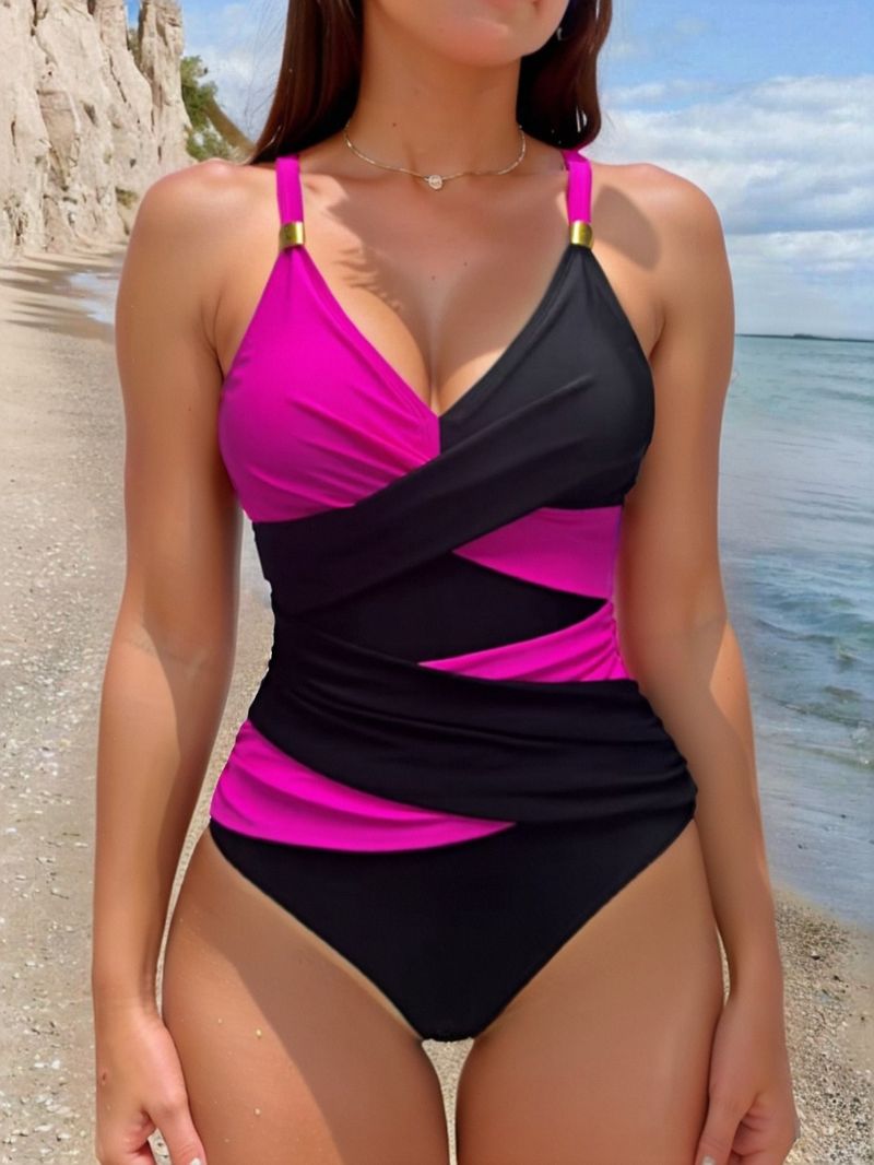 Traje de baño de una pieza sexy de bikini de una pieza con fruncido cruzado de color para mujer_voghion.com