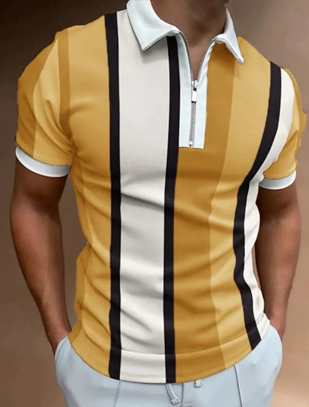 Men's Clothing Striped Short Sleeved Shirt Slim Lapel Zipper Top_voghion.com