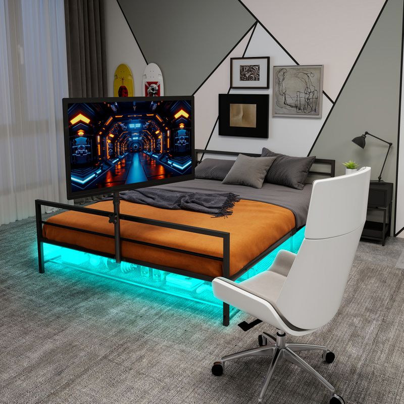 Black Gaming-Bett Mit Verstellbarer Halterung, LED-Beleuchtung Und Unterbett-Aufbewahrungskörben. Großes Metallbett Mit Einer Länge Von 206 Cm._voghion.com