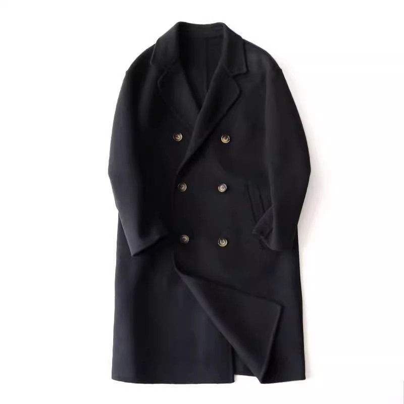 Oversized Double-Breasted Wool Blend Coat For Men – Long Knee-Length Trench Coat (M-3XL, Black/Coffee)_voghion.com