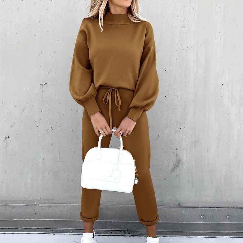 2022 herbst/Winter frauen Pullover FD89940125 Hohe Kragen Casual Feste Hosen Zwei Stück Set_voghion.com