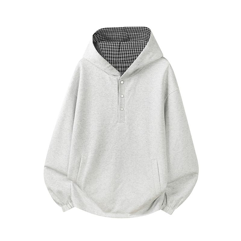 Moletom com capuz xadrez reversível – Moletom coreano grande unissex com zíper frontal e duas opções de uso, xadrez preto e cinza_voghion.com