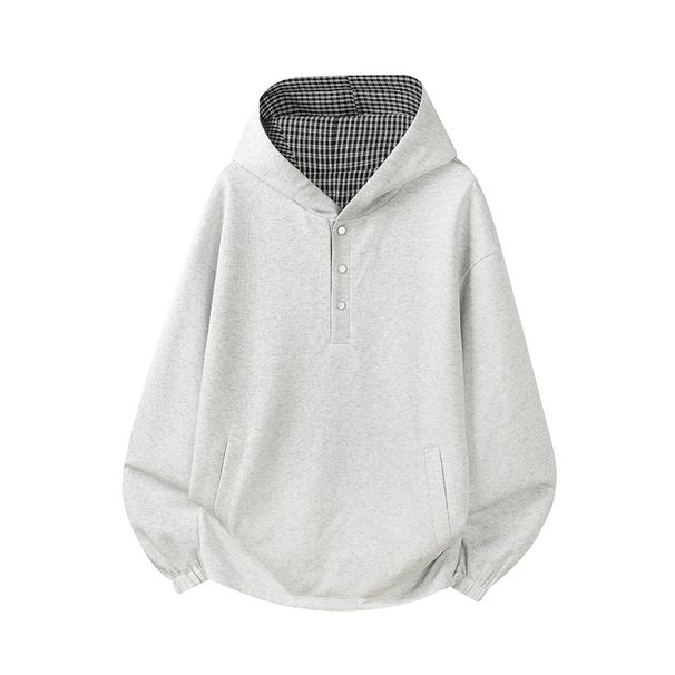Moletom com capuz xadrez reversível – Moletom coreano grande unissex com zíper frontal e duas opções de uso, xadrez preto e cinza_voghion.com