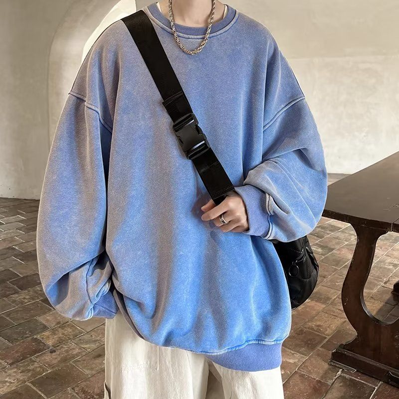 Vintage-Sweatshirt aus gewaschener reiner Baumwolle mit Rundhalsausschnitt für Herren, lockere und lässige Langarmjacke_voghion.com