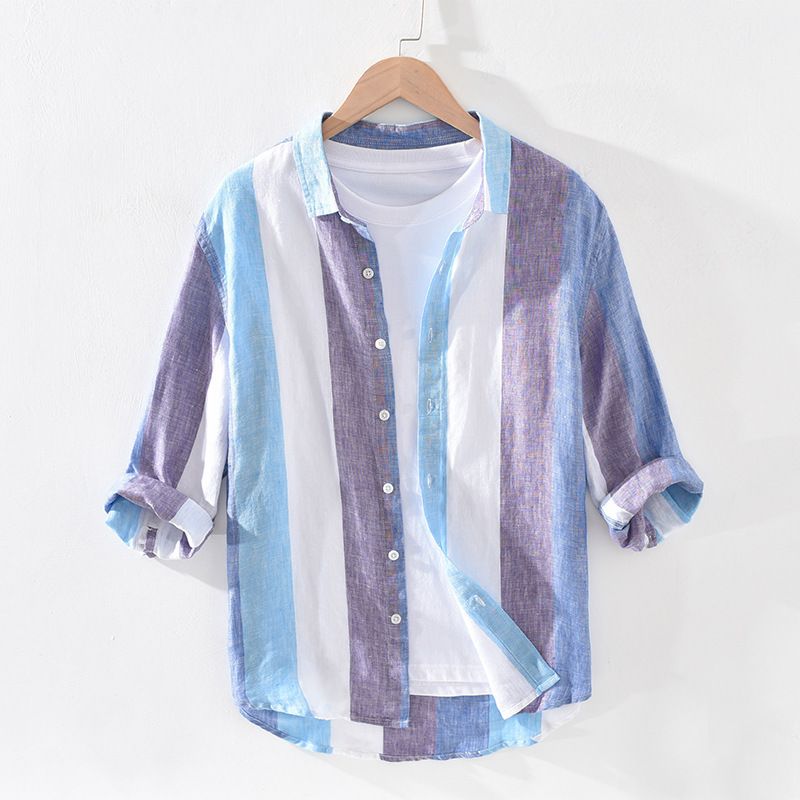 Camicia a righe in lino da uomo – modello ibrido giapponese-coreano, maniche a 3/4, vestibilità rilassata (giallo/blu, S-XXXL)_voghion.com