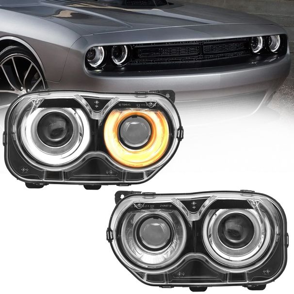 Headlights Assembly A Pair For Dodge Challenger 2015 2016 2017 2018 2019 2020 Black Housing Halogen Headlamps Replaceable Right Passenger Side And Left Drive Side(With Bulb) (Left+Right)_voghion.com