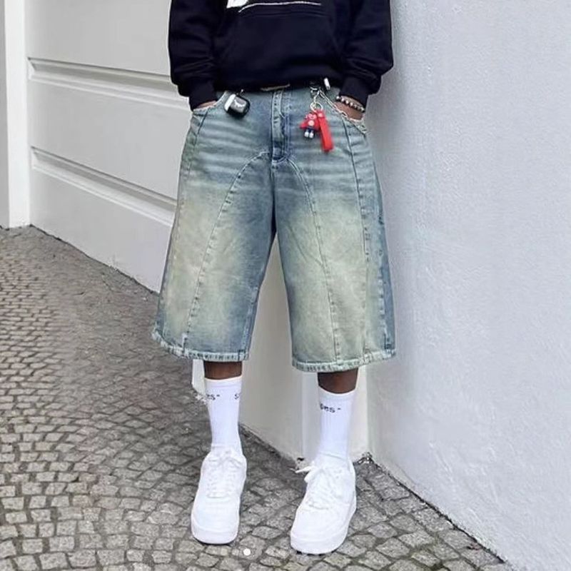 Pantaloncini in denim da strada retrò lavati da uomo e da donna, dritti, larghi, larghi, casual, versatili, cropped._voghion.com