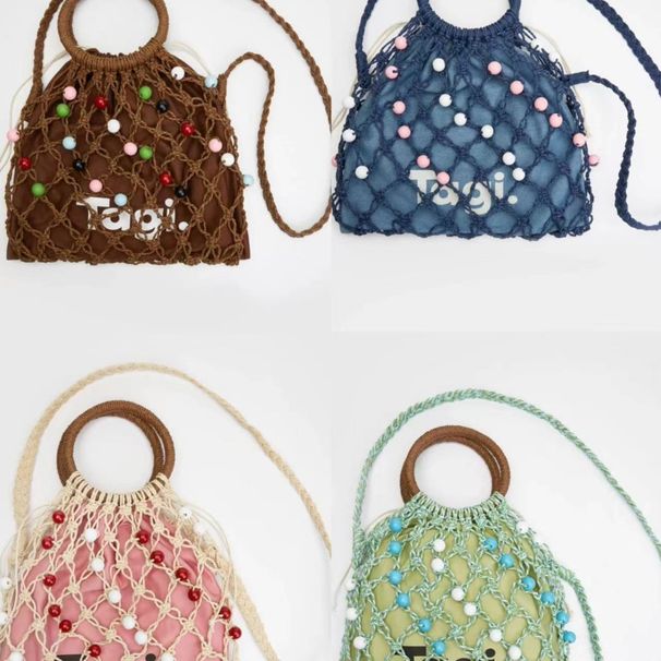 Tagi Borsa a tracolla da donna, versatile, con tracolla rotonda in legno di frutta, con perline cave, primavera ed estate._voghion.com