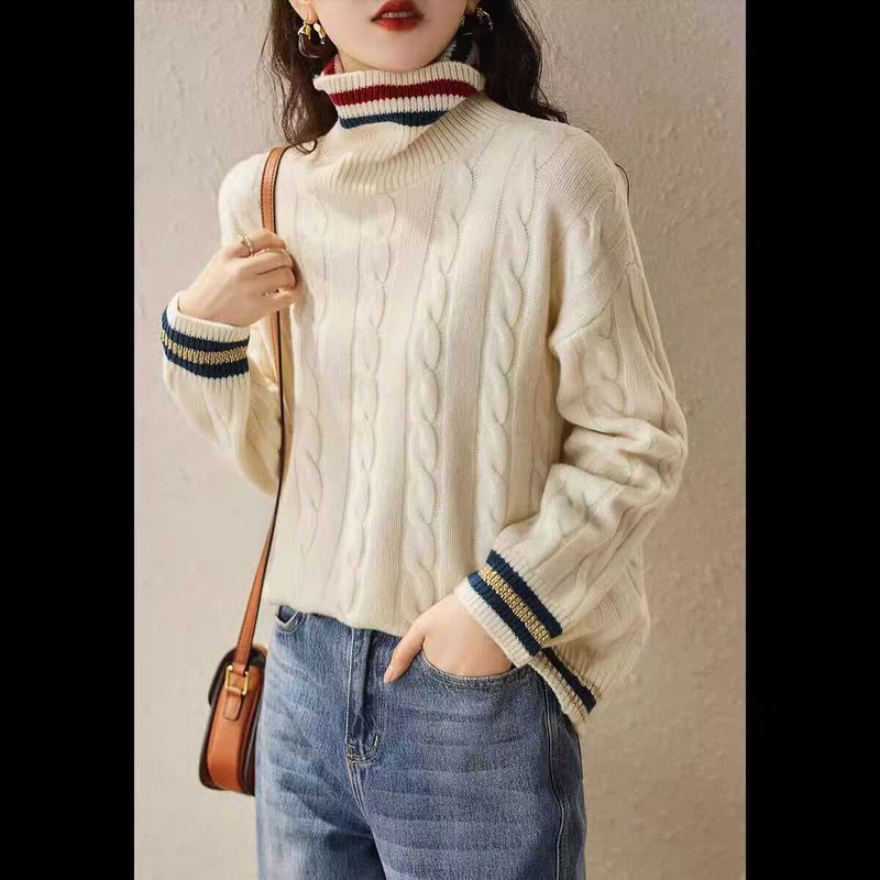Lazy style Fried Dough Twists sweater for women in autumn winter 2024, new high neck, thickened warmth, contrast color,_voghion.com