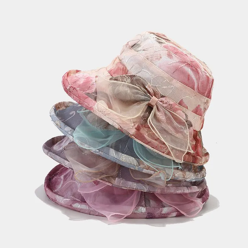 Hot Sale Female Summer Mother Basin Thin Bow Floral Sun Outdoor Breathable Sun-Proof Bucket Hat_voghion.com