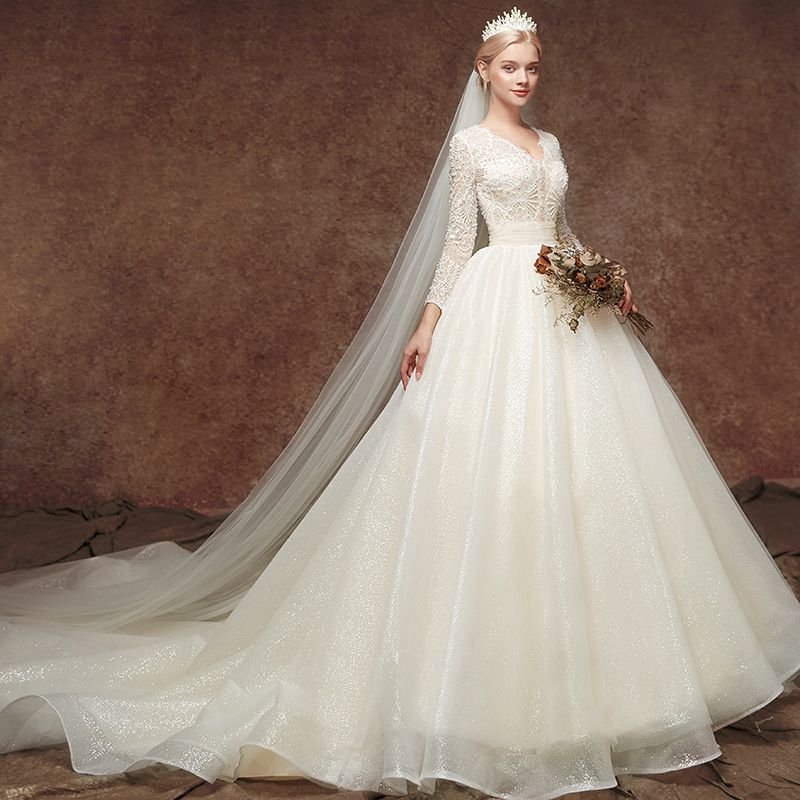 Women's dress Sparkly pommel skirt train long sleeve slimming wedding dress_voghion.com