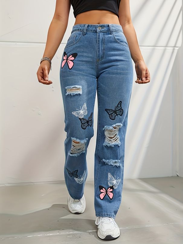 Abbigliamento da donna, pantaloni in denim a vita alta con stampa a farfalla, strappati alla moda, a contrasto di colore_voghion.com