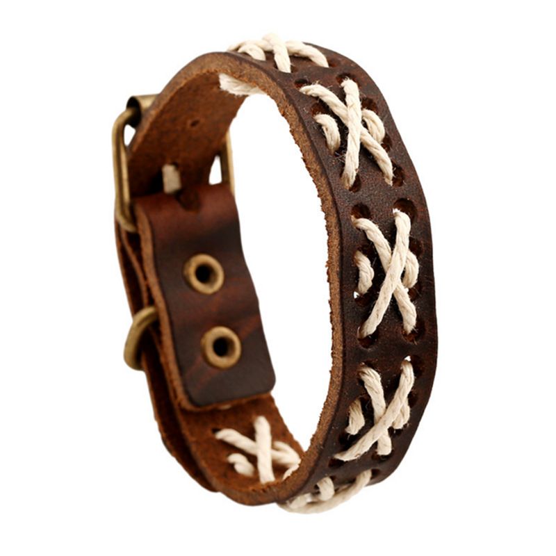 Vintage Woven Cowhide Bracelet Handmade Jewelry Genuine Leather Bracelet_voghion.com