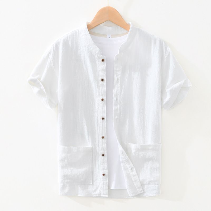 Chemise ample décontractée à manches courtes, simple et artistique, chemise d'été en coton et lin fin de couleur unie_voghion.com