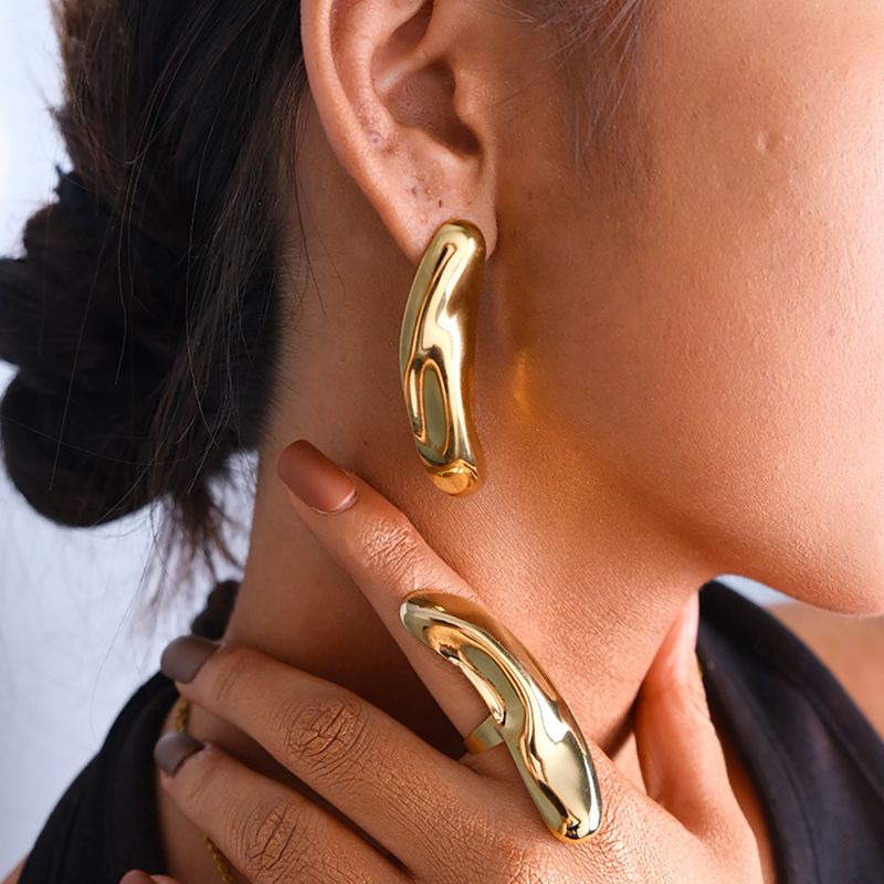 Anelli e orecchini placcati in oro 14K, stile semplice esagerato, colore solido irregolare, in acciaio inossidabile 304_voghion.com