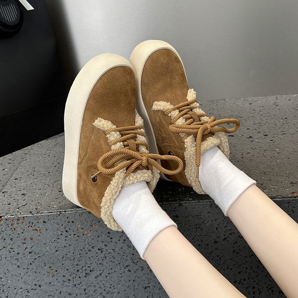 2024 Winter New Matte Flat Fleece-Lined Warm Fur For Women Fashionable Versatile Casual Lace-Up Cotton Shoes_voghion.com