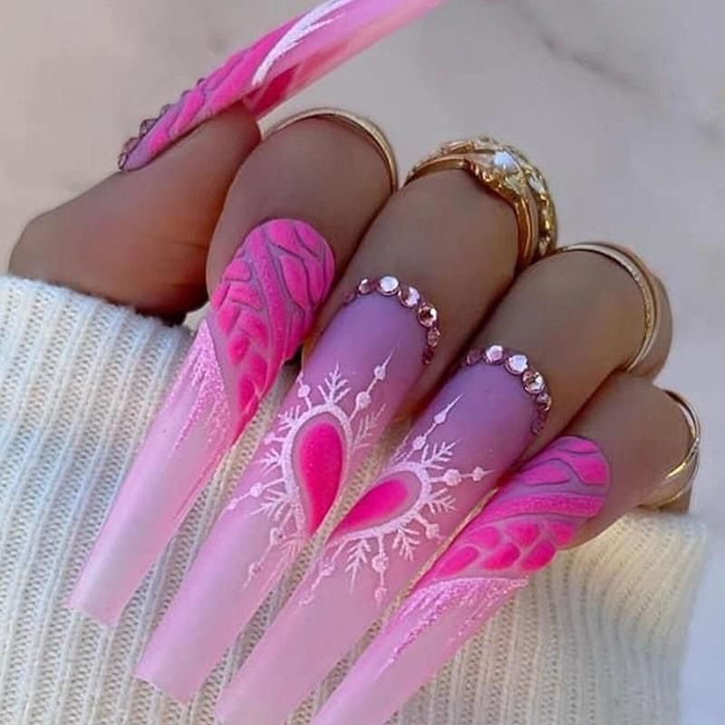 False Nails 24Pcs with Glue Artificial Ballet Nails with Blue Rhinestone Long Coffin Press on Nails Finis_voghion.com