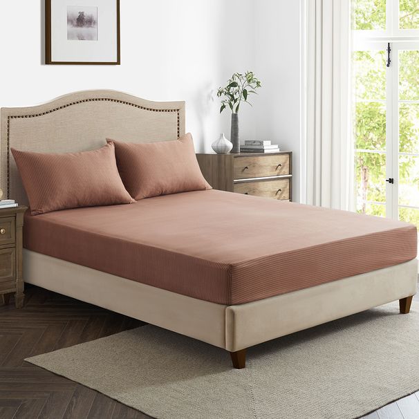 Brown Striped Geometric 3D Printed Polyester Fitted Bed Sheet With Elastic Edges, Soft & Breathable Bed Cover For All Mattress Sizes_voghion.com