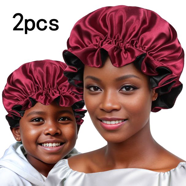 Neu Schlafmütze Eltern-Kind-Set Doppelschicht Satin Spitze Runde Mütze Chemotherapie Waschmütze SATINBONNET_voghion.com