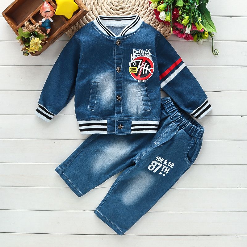 Kid's Clothing 2024 Spring and Autumn New Baby Boy Denim Suit Boys Fashionable and Stylish Printed Fishbone Denim Suit_voghion.com