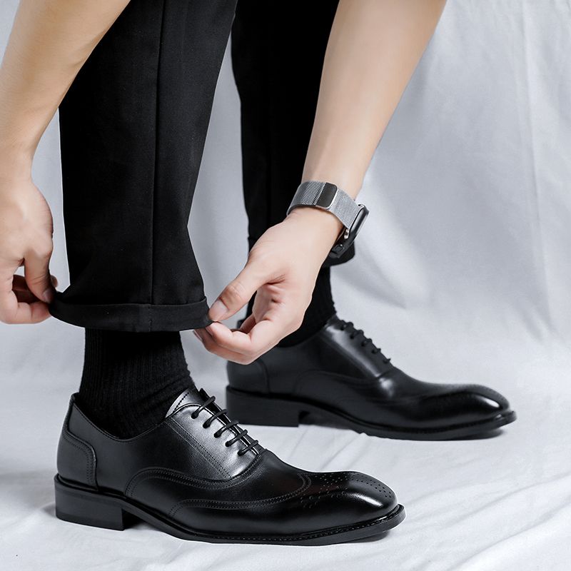 Vestido Britânico Negócios Casual Brogue Oxford Masculino Esculpido Couro Genuíno Sapatos de Moda Primavera_voghion.com