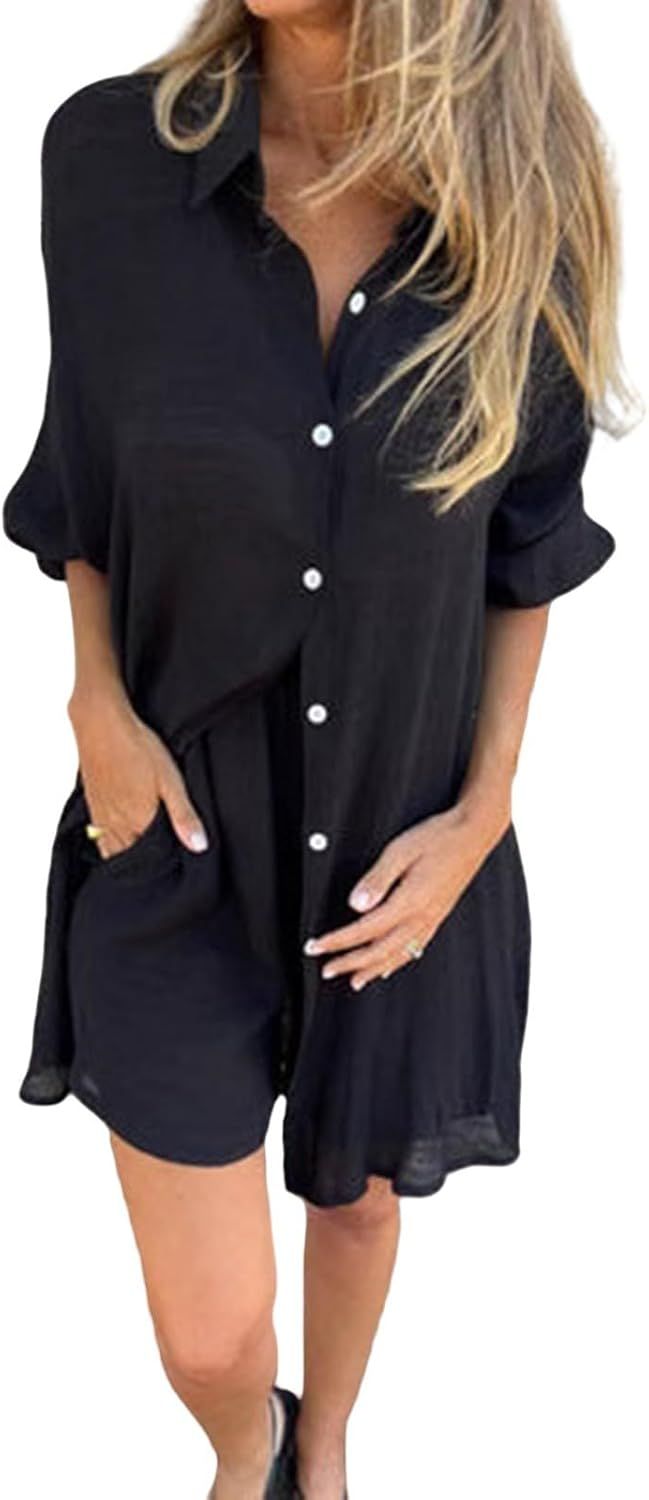 Frauen Casual 2 Stück Set Sommer Einfarbig Button Up Shirts Tops Kordelzug Leinen Shorts Lose Frauen_voghion.com