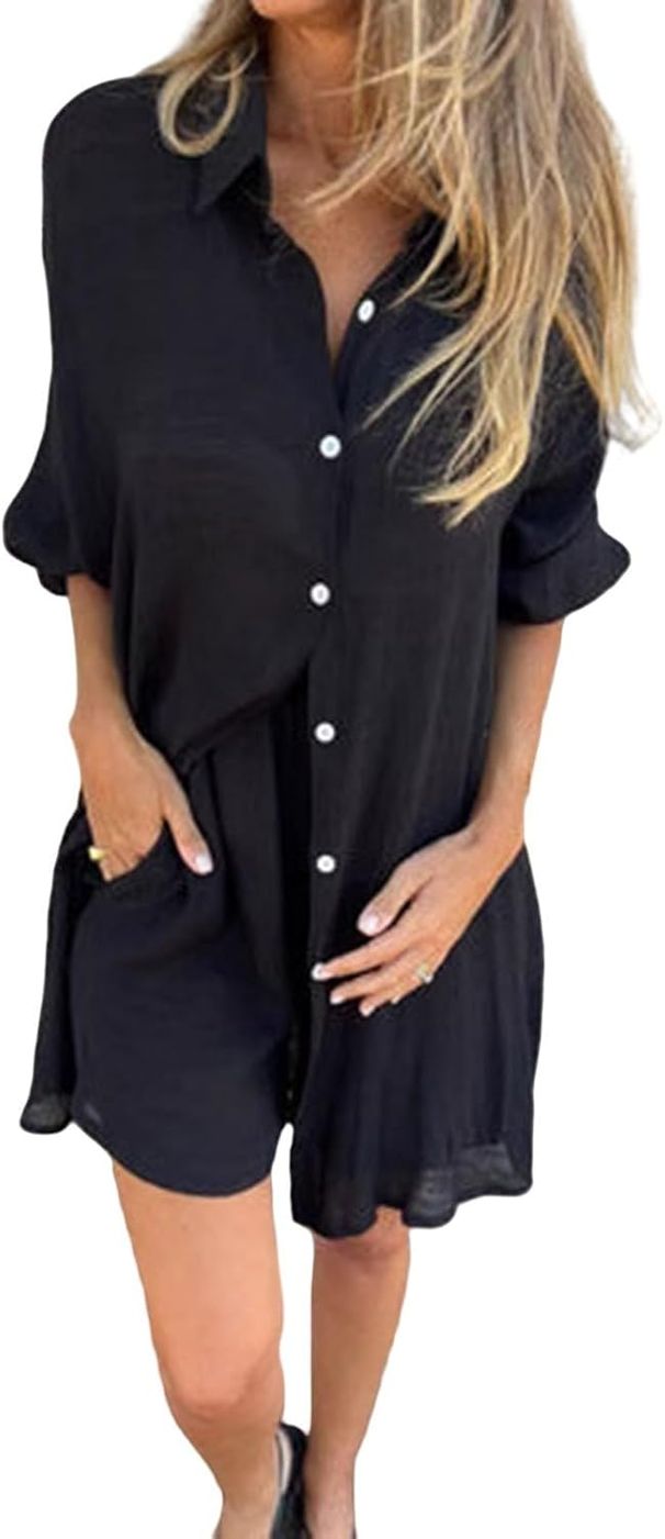 Frauen Casual 2 Stück Set Sommer Einfarbig Button Up Shirts Tops Kordelzug Leinen Shorts Lose Frauen_voghion.com