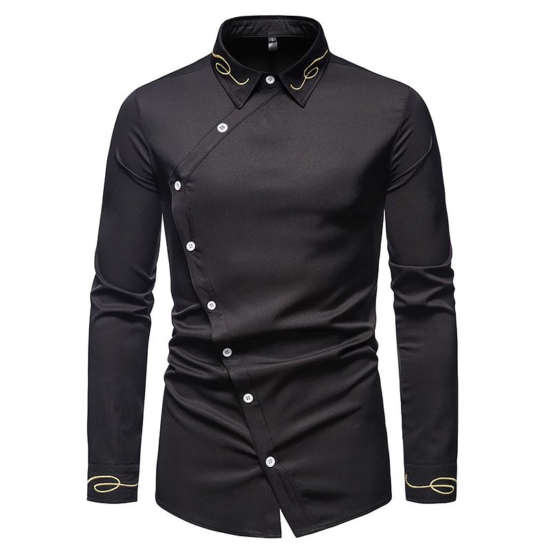 Herrenbekleidung Lässiges Langarmhemd für Herren mit unregelmäßiger Stickerei, Western-Denim-Modehemd_voghion.com