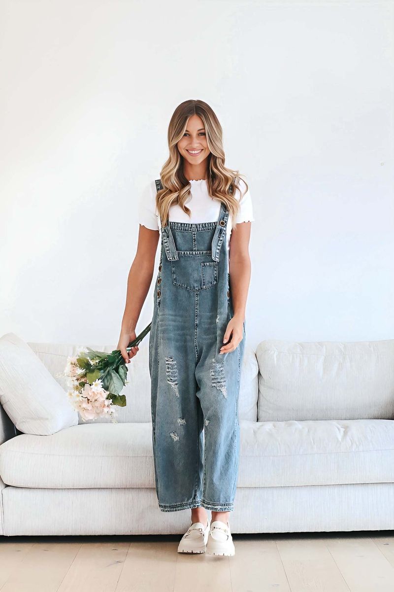 Salopette in denim con cinturino, comoda e casual, a gamba larga, comoda e alla moda, stile retrò, da donna_voghion.com