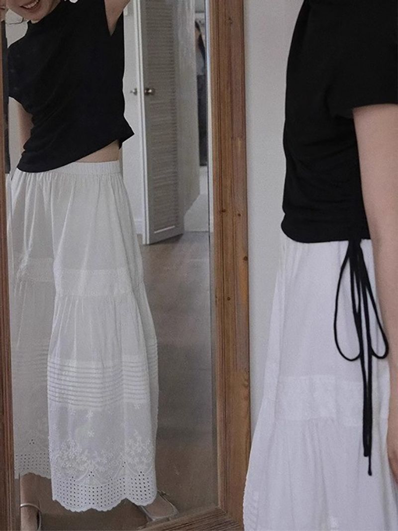 Franse haute couture witte kant hoge taille voor dames zomer dunne gedrapeerde katoen en linnen medium lengte A-lijn_voghion.com