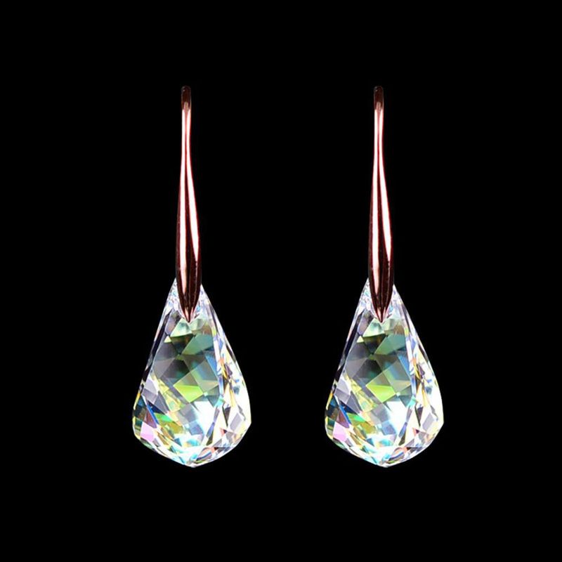 Simple and elegant rose gold artificial crystal water drop earrings, non allergic temperament, super sparkling mesh red_voghion.com