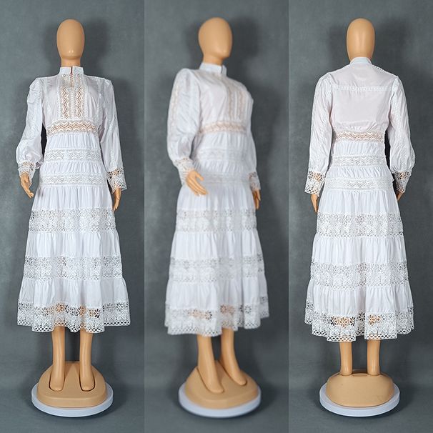 Women's Clothing Fashion Retro Lace Stitching Stand Collar Lantern Sleeve Big Swing Dress_voghion.com