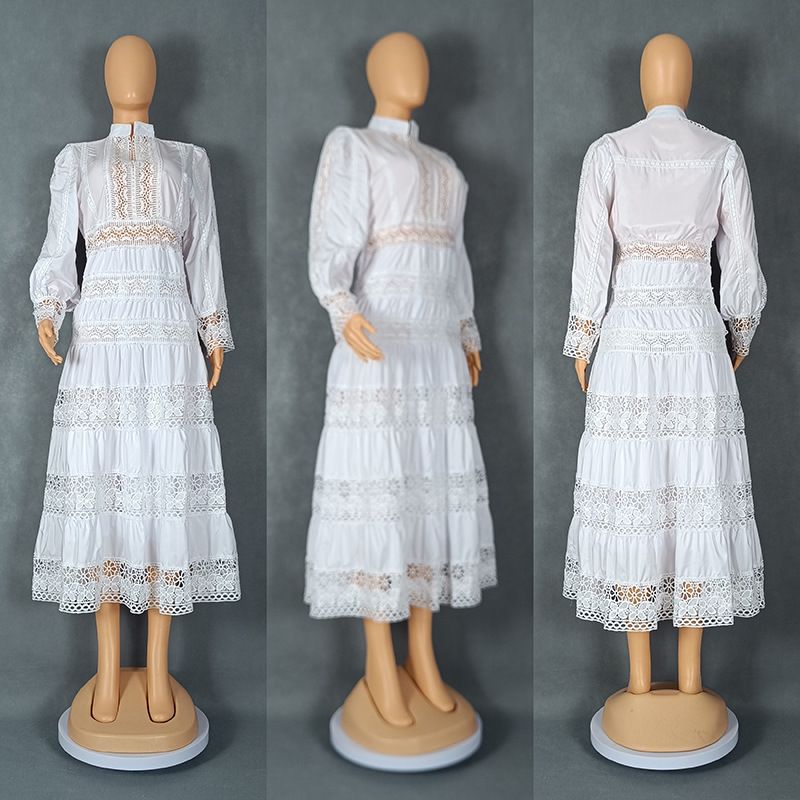 Abito da donna alla moda, retrò, con maniche a lanterna, con colletto rialzato, in pizzo e cuciture, ampio scollo a V_voghion.com