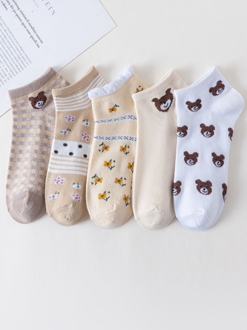 5 Paar Damen-Set mit niedrigem Schlauch, süßes Bärenmuster, modisch, atmungsaktiv, für Damen, lässiger Stil, bequeme Socken_voghion.com