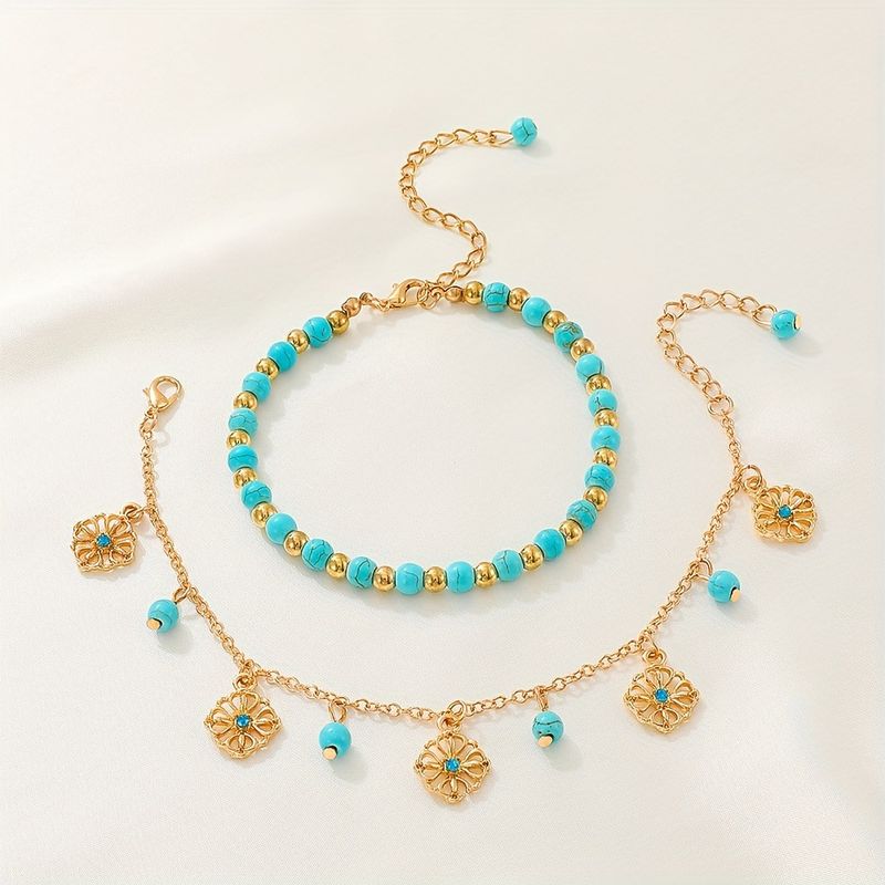 Fashion Two-piece Alloy Turquoise Bracelet Hollow Flower Pendant Women's Jewelry_voghion.com