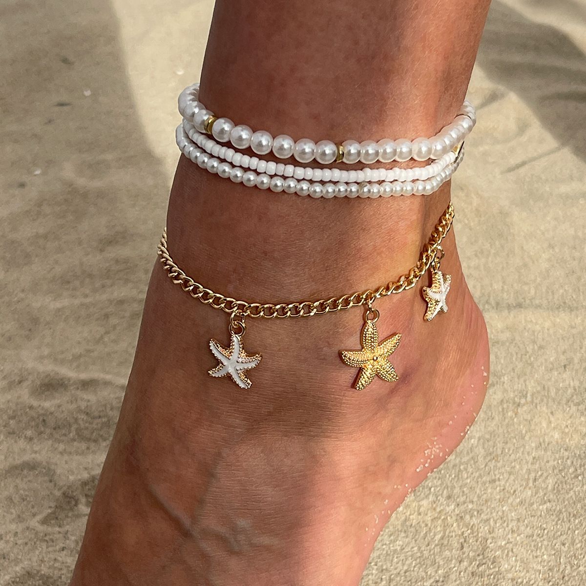 Fußkettchen-Set mit Seestern-Anhänger im Ozean-Urlaubsstil, Temperament, Perlenreisperlen, Fußdekoration für Frauen_voghion.com