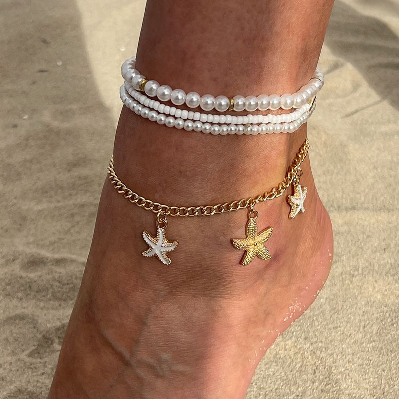 Fußkettchen-Set mit Seestern-Anhänger im Ozean-Urlaubsstil, Temperament, Perlenreisperlen, Fußdekoration für Frauen_voghion.com