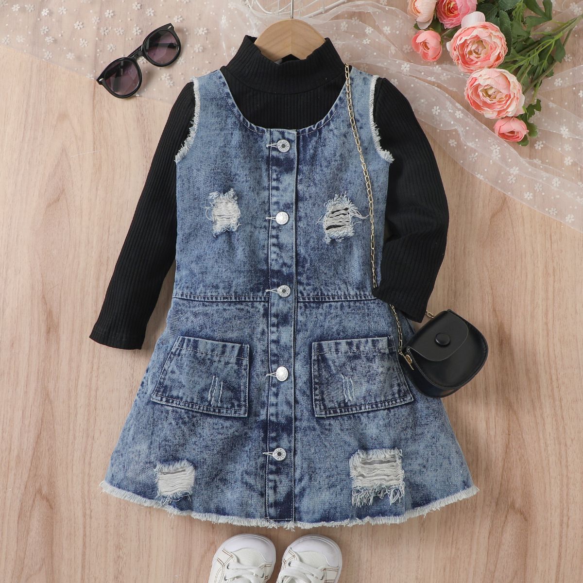 Mutter & Kinder Kinderkleidung Mädchen Einfarbig Hoher Kragen Langarm Top Denim Offene Tasche Plissee Pelz Bart Mittellanger Rock Anzug_voghion.com