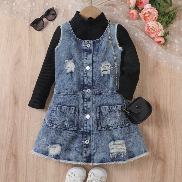 Mutter & Kinder Kinderkleidung Mädchen Einfarbig Hoher Kragen Langarm Top Denim Offene Tasche Plissee Pelz Bart Mittellanger Rock Anzug_voghion.com