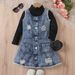 Mutter & Kinder Kinderkleidung Mädchen Einfarbig Hoher Kragen Langarm Top Denim Offene Tasche Plissee Pelz Bart Mittellanger Rock Anzug_voghion.com