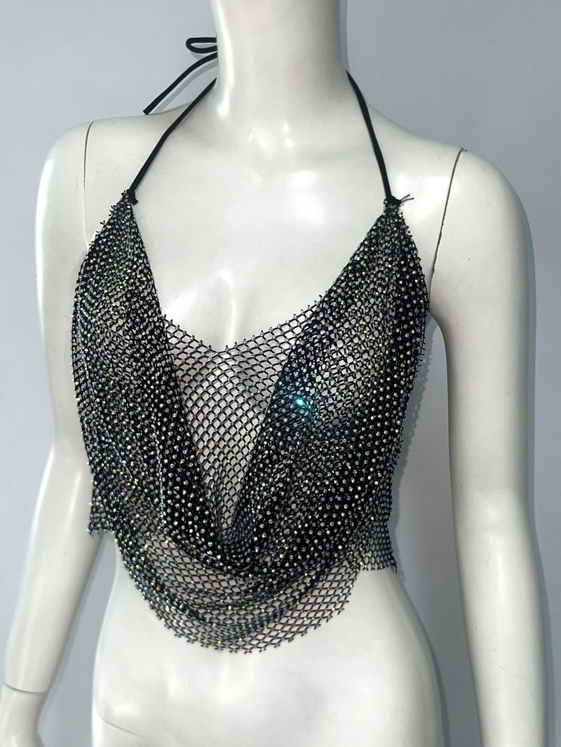 Damenbekleidung Neue elastische Mesh Hot Diamond Neckholder Strap Sexy Hot Girl Strap Zwei Stücke_voghion.com
