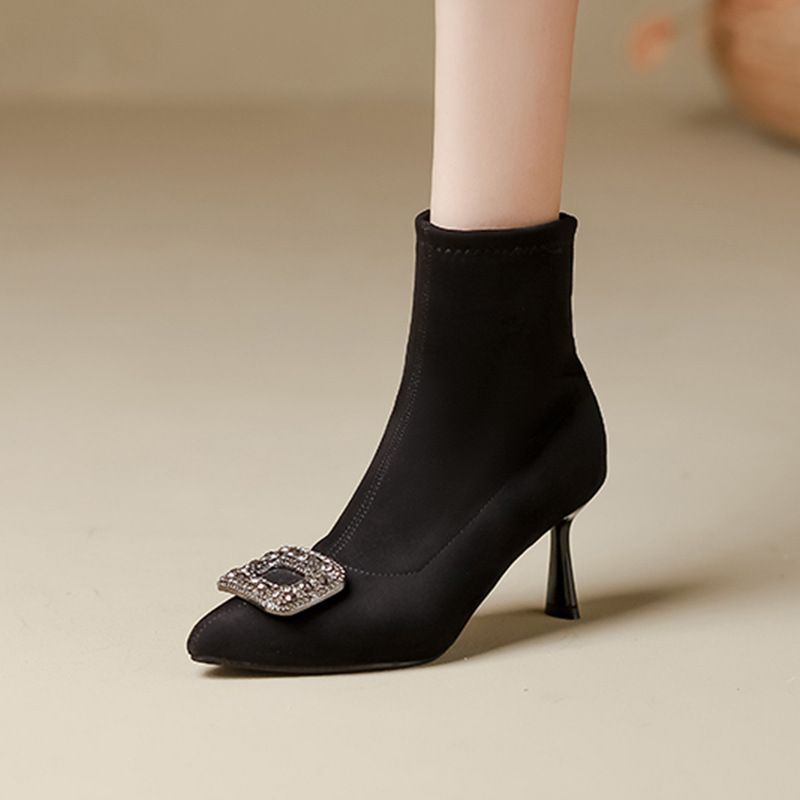 Square Buckle Rhinestone Pointed Toe High Ankle For Women 2024 Autumn Winter New Thin Heel Black Suede Stretch Slim Sock_voghion.com